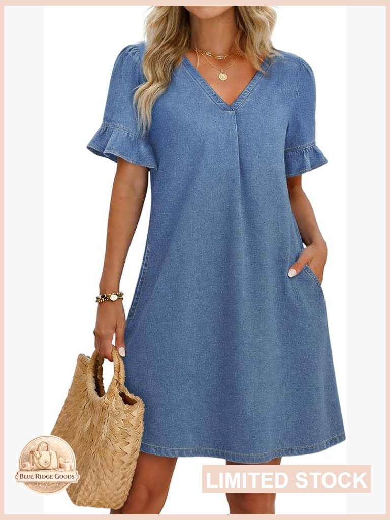 Denim Babydoll Dress V-Neck Ruffle Sleeve A-Line Mini With Pockets